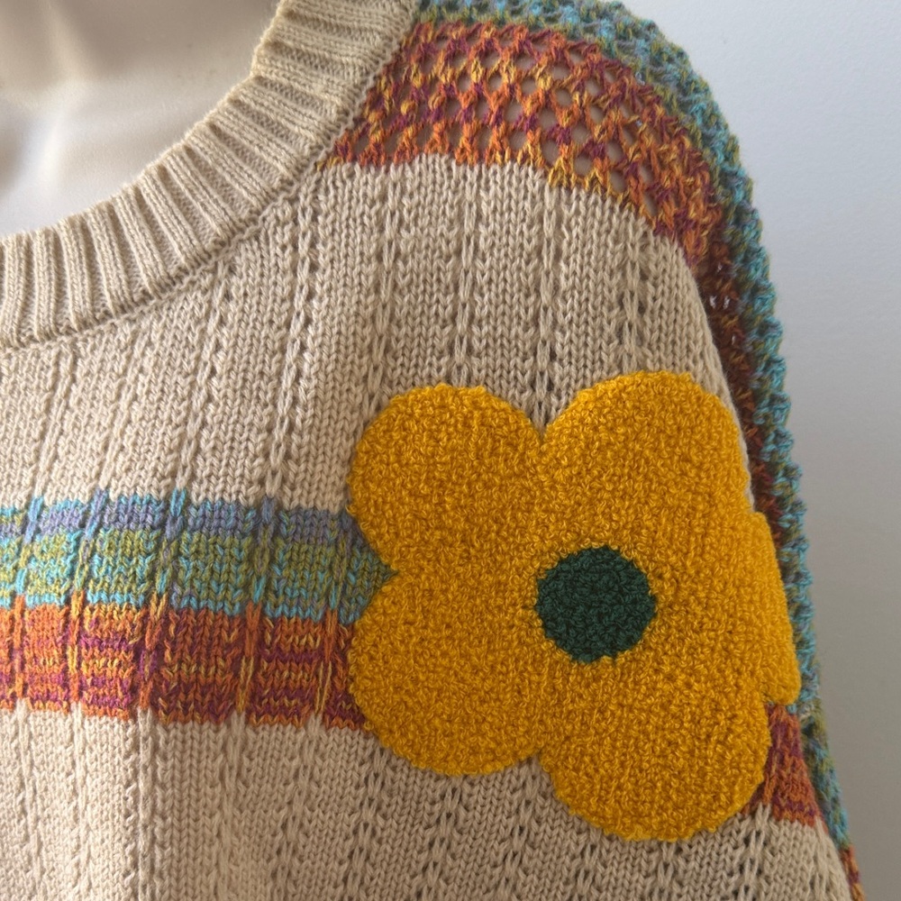 Easel Medium Floral Appliqué Crewneck Sweater in Beige - Picture 2 of 8